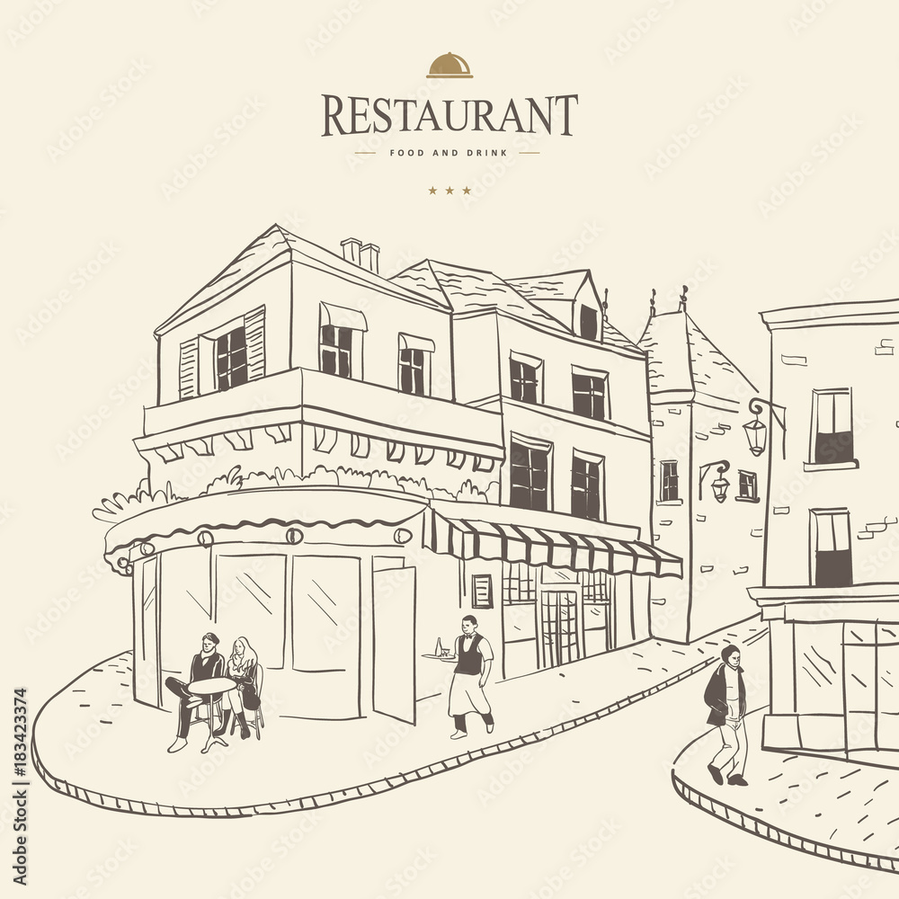 Vector illustration of the small cafe on the street of old european town drawn in sketch style