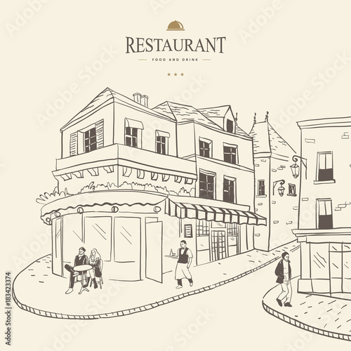 Vector illustration of the small cafe on the street of old european town drawn in sketch style