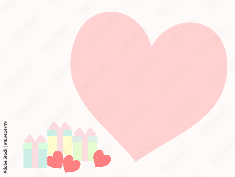 Cluster of lovely gift boxes and three little pink hearts on pastel color tone. Big heart is copy space for texting or writing the word.