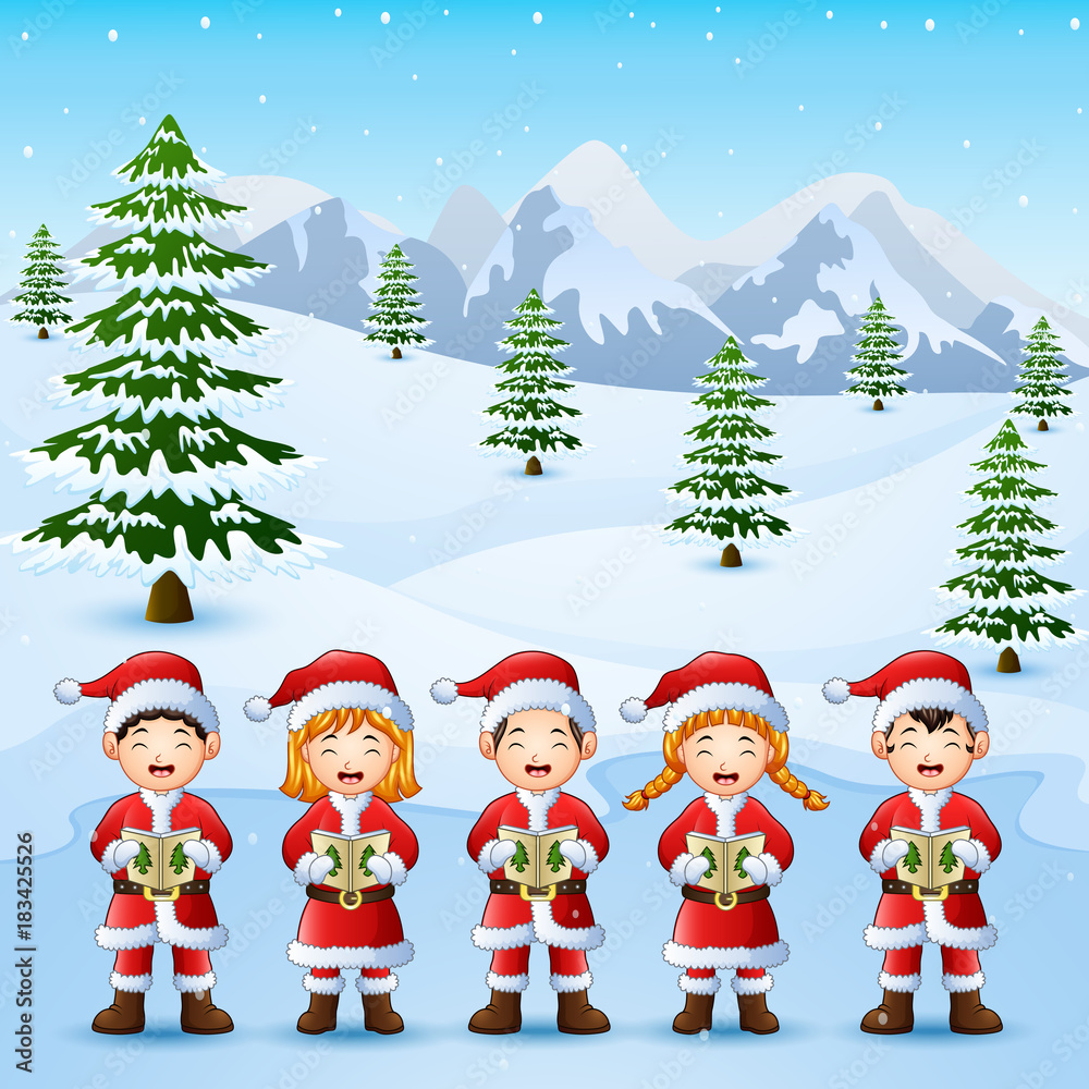 Happy kid wearing santa costume singing in the snowing hill Happy kid wearing santa costume singing in the snowing hill