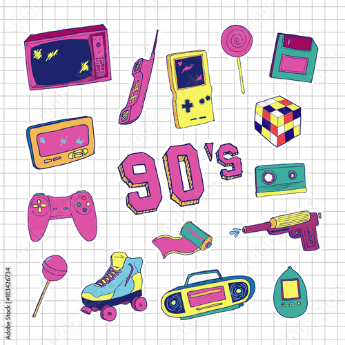  Set of elements in trendy 80s-90s hand-drawn style