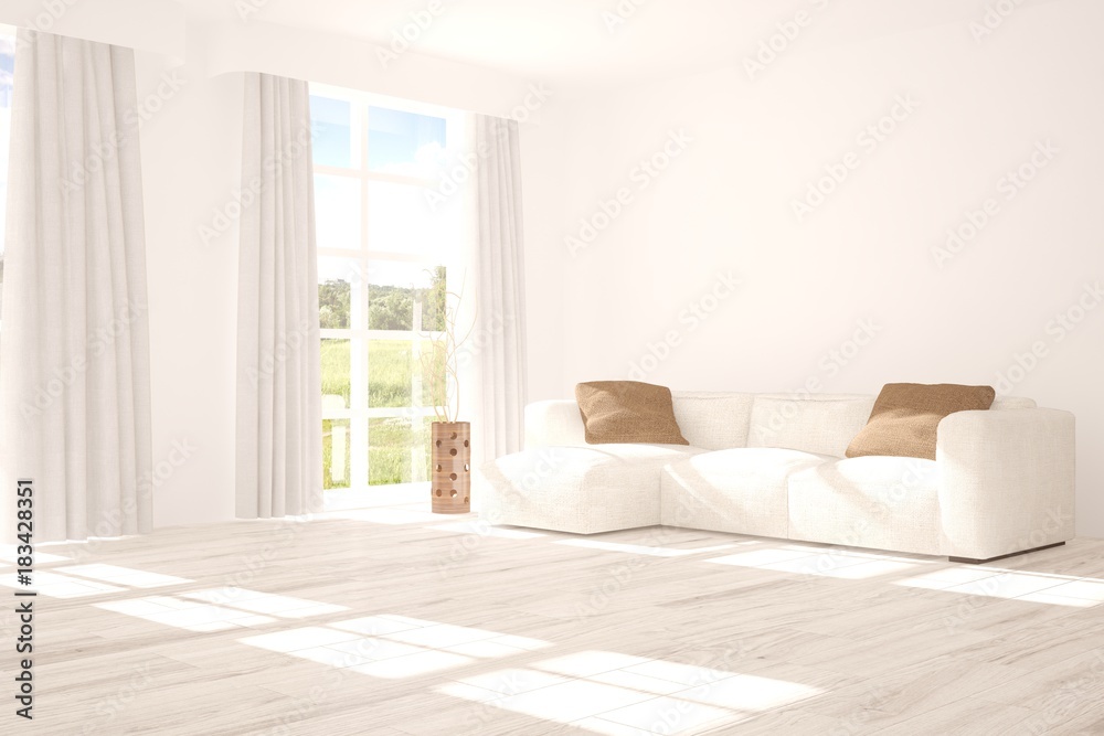 Idea of white room with sofa and summer landscape in window. Scandinavian interior design. 3D illustration Idea of white room with sofa and summer landscape in window. Scandinavian interior design. 3D illustration