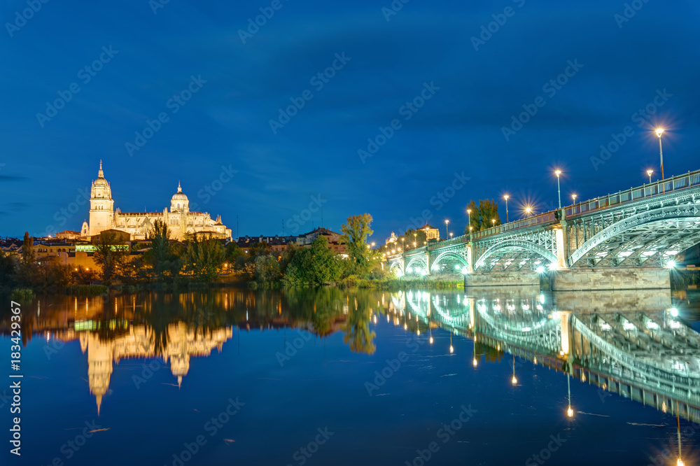 The Cathedral of Salamanca and the river Tormes with the Puente de Enrique Estevan at night
