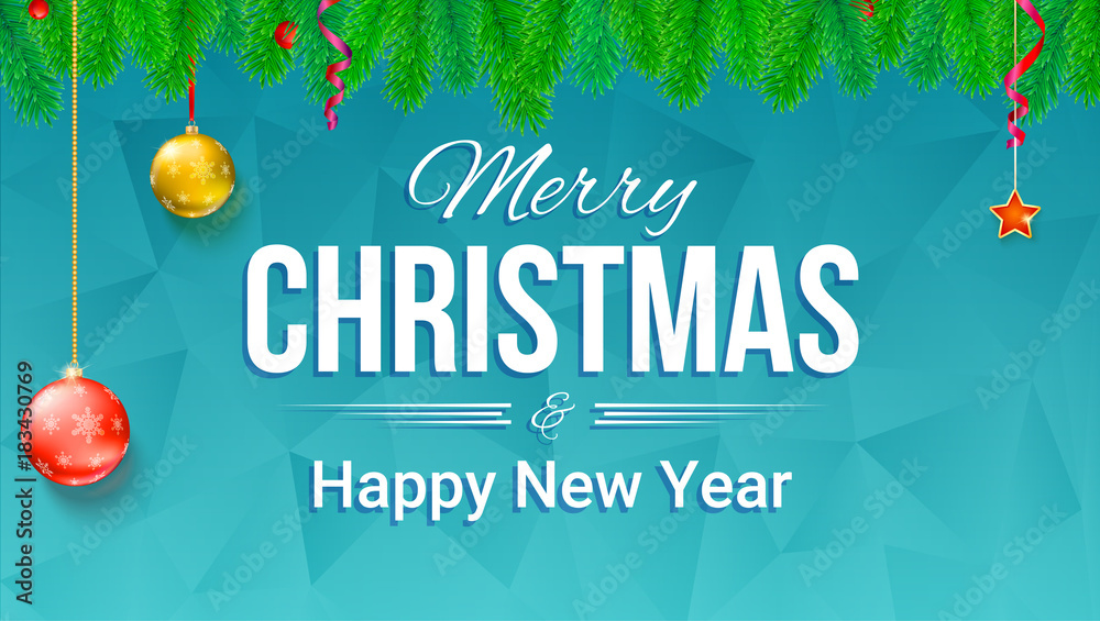 Merry Christmas and New Year banner with fir branches and Christmas toys on backdrop with triangles. Festive atmosphere for greetings card, print design. Horizontal 3D illustration