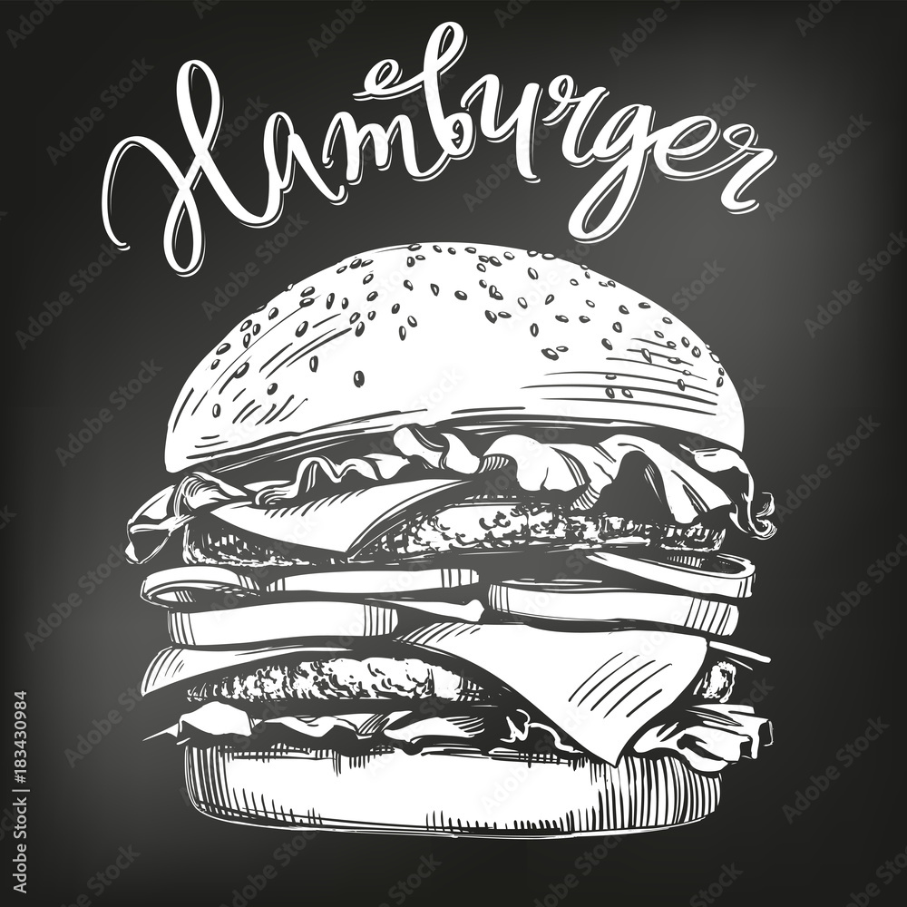 Big Burger Hamburger Hand Drawn Vector Illustration Sketch Chalk Menu Retro Style Stock ベクター Adobe Stock