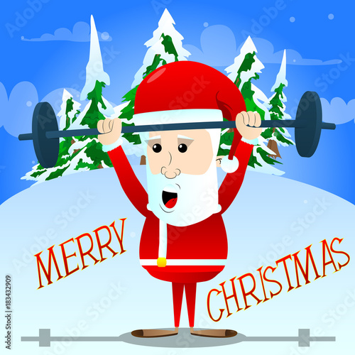 Weightlifter Santa Claus lifting barbell. Vector cartoon character illustration.