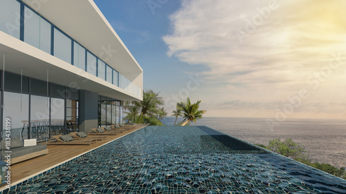 Sea view swimming pool in modern loft design,Luxury ocean Beach house
