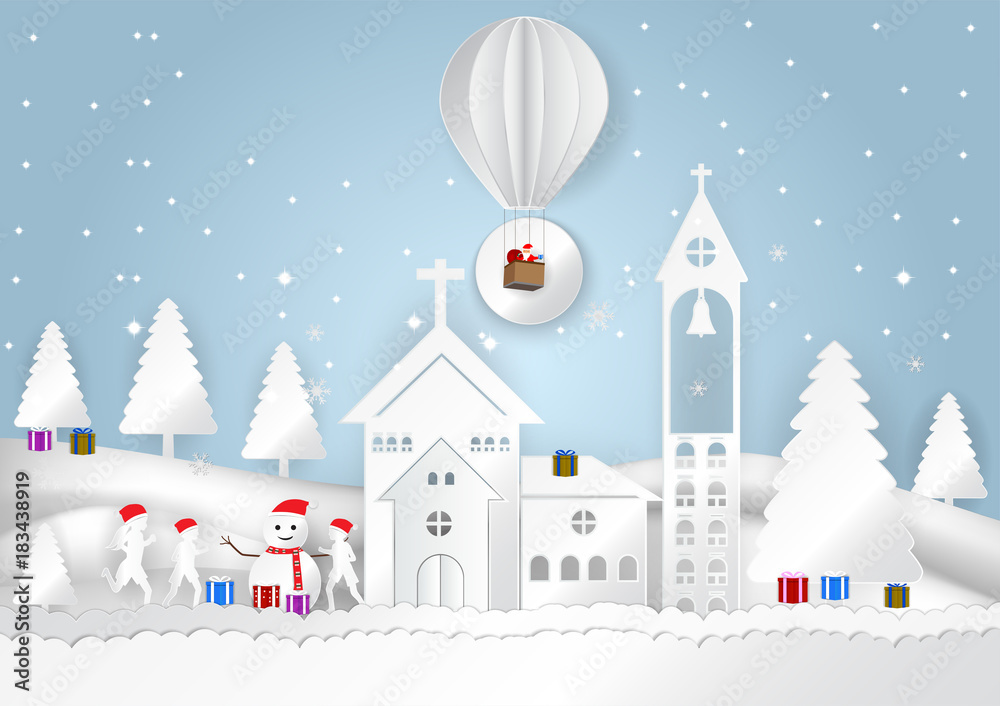 Winter season with snowflake with Santa Claus on balloon and house, child, snowman, Vector illustration, paper art style. Winter season with snowflake with Santa Claus on balloon and house, child, snowman, Vector illustration, paper art style.