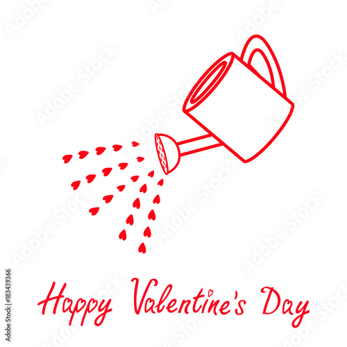 Happy Valentines Day. Love watering can with red hearts water drops. Contour line art object. sign symbol. Greeting card. White background. Isolated. Flat design.