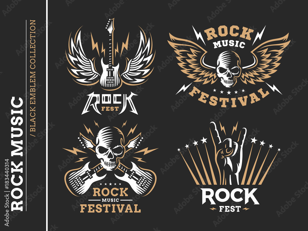 Rock music festival logo, emblem and print collections on a dark