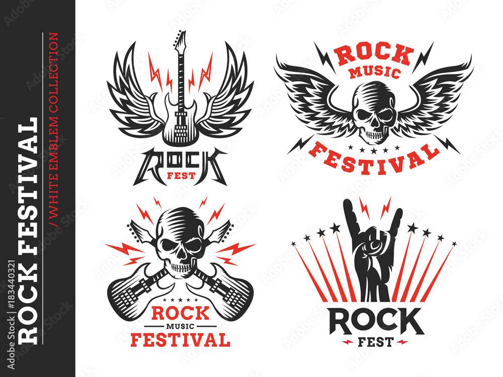 Rock music festival logo, emblem and print collections on a white background