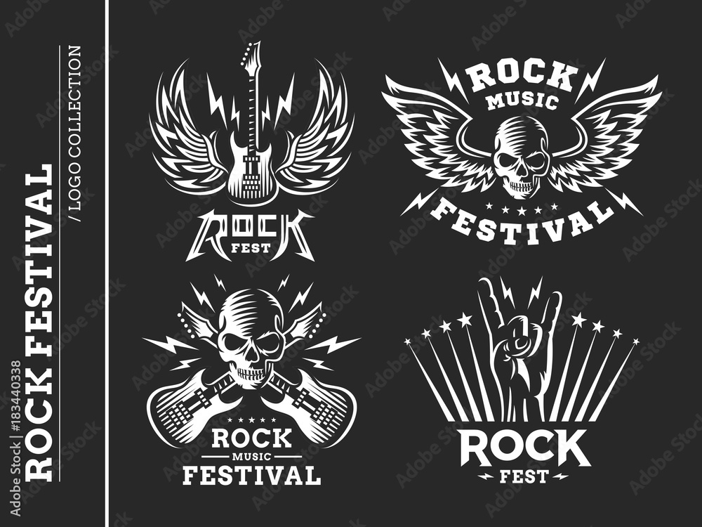 Fototapeta premium Rock music festival logo, illustration and print collections on a dark background