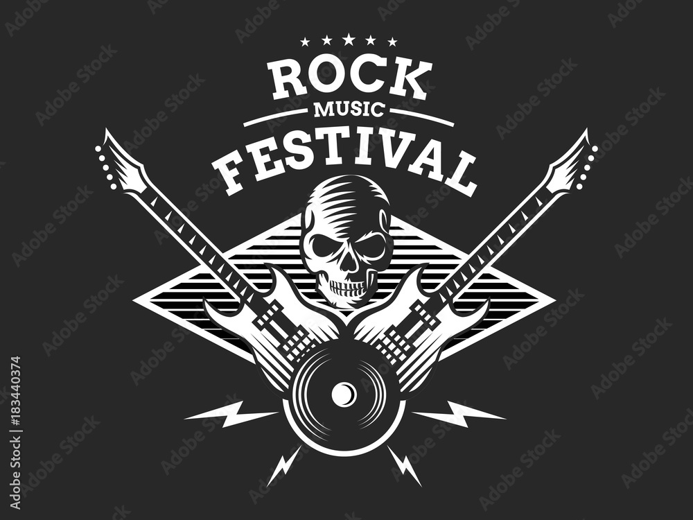 Skull and guitar for rock music festival - logo, illustration on a dark background