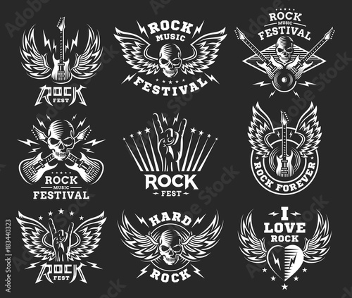 Rock music festival logo, illustration and print collections on a dark background