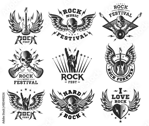 Rock music festival logo, illustration and print collections on a white background