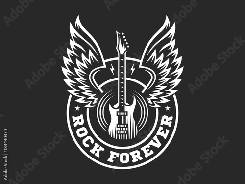 Wings and guitar for rock music festival - logo, illustration on a dark background