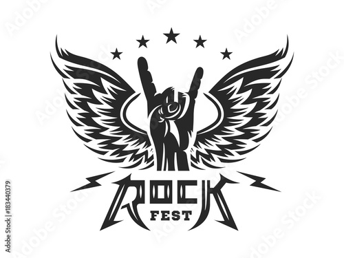 Rock sign gesture and wings for music festival - logo, illustration on a white background