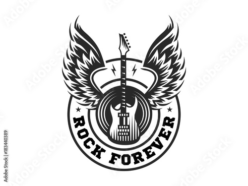 Wings and guitar for rock music festival - logo, illustration on a white background