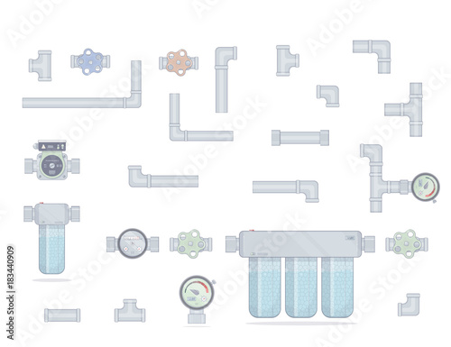 Water filter. Three modules cleaning. Set pipes. Water meter, tap and pump. 