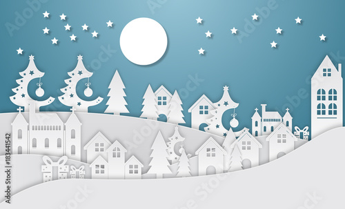 Winter Snow Urban Countryside Landscape City Village with ful lm. Winter holiday snow in city town background with santa, deer and tree. Christmas season paper art style illustration.