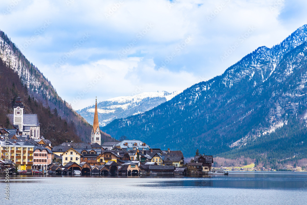 view of Hallstat town in Austria at lake and mountain, on a nice early spring day