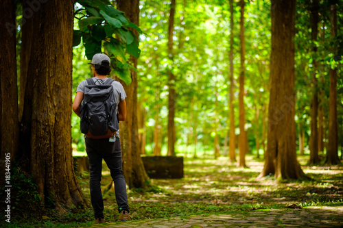 Man traveler traveling walking with backpack at the jungle on holiday at weekend on background nature view © Tony