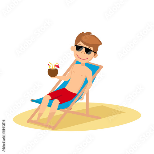БезымянThe man lies in chaise longue. Young guy in sunglasses sunbathing on the beach. Vector illustration.ный-4