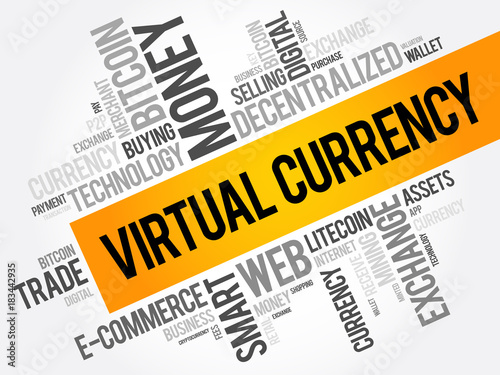 Virtual currency word cloud collage, business concept background