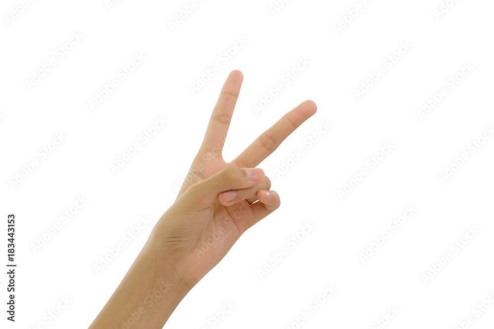 Teenager Girl Showing Hand Sign Victory on White Background Teenager Girl Showing Hand Sign Victory on White Background