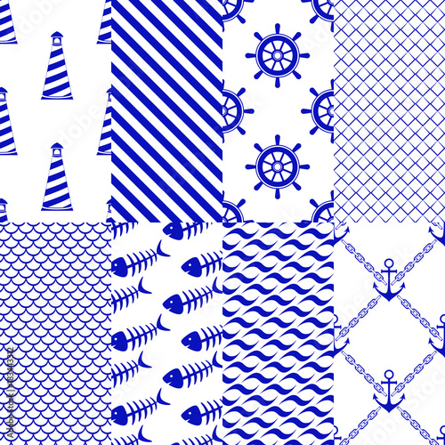Set of seamless sea patterns. Blue marina background.