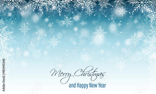 Christmas and New Year wishes. Winter vector blurred banner with snow and snowflakes.
