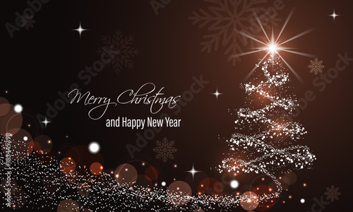 Christmas and New Year glowing red vector banner with snow wave, glitter, stars, snowflakes and christmas tree.