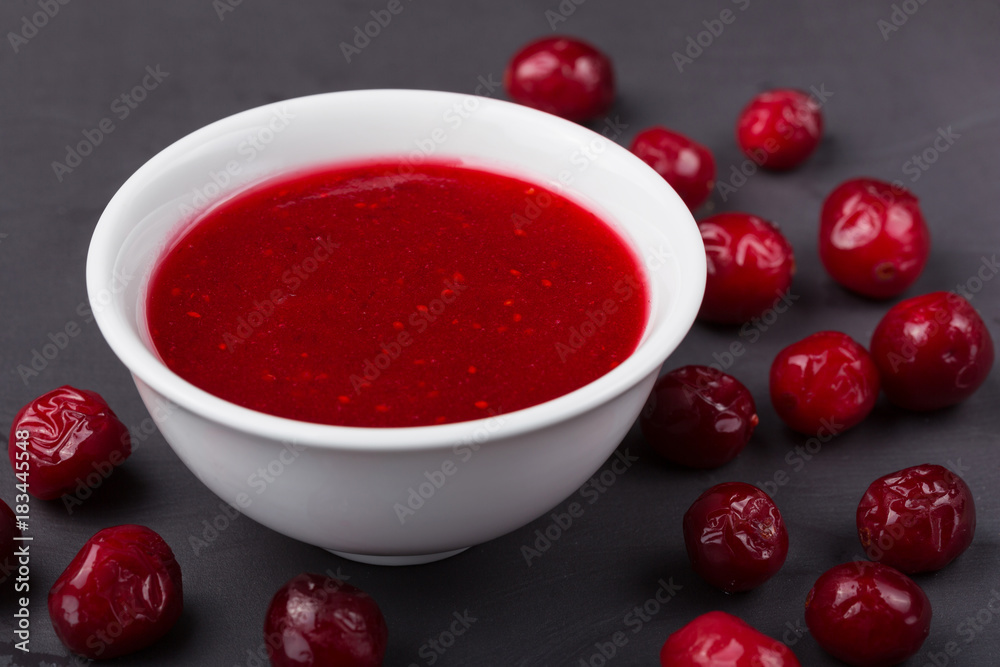 A bowl of red sweet sauce and ingredients on a plate A bowl of red sweet sauce and ingredients on a plate
