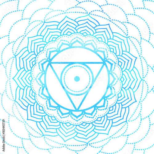Throat Chakra symbol illustrated with water color - mandala for yoga, meditation, ayurveda photo