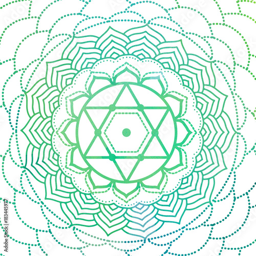 Heart Chakra symbol illustrated with water color - mandala for yoga, meditation, ayurveda photo