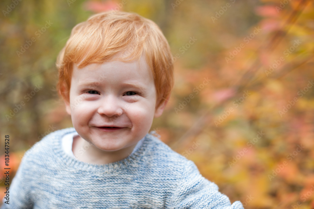 Red-haired boy is smiling cute in the autumn forest Red-haired boy is smiling cute in the autumn forest