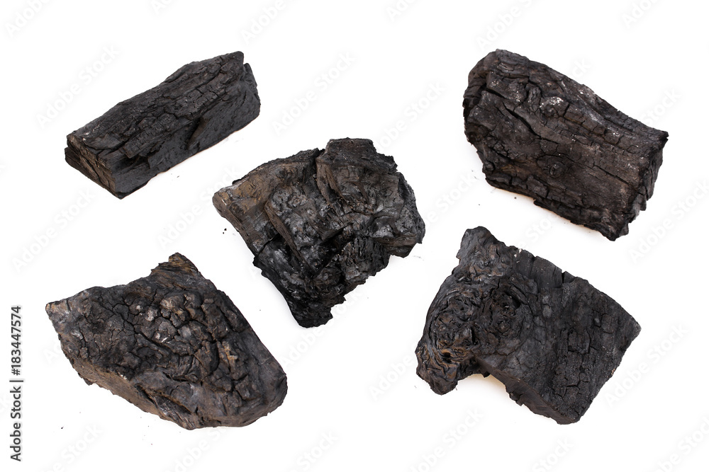 Natural wood charcoal Isolated on white, traditional charcoal Natural wood charcoal Isolated on white, traditional charcoal