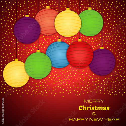 Merry Christmas and Happy New Year red background with nine colorful christmas balls. Vector background for your greeting cards, invitations, festive posters. 