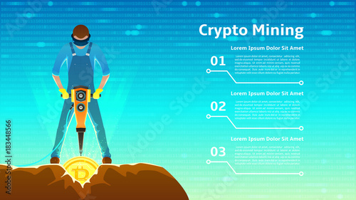 Man in Virtual Reality Glasses Mining Bitcoins. Modern Concept of Digital Crypto Mining. Person Extracting Coins from Rock with a jackhammer. Vector Illustration with Binary Computer Code.