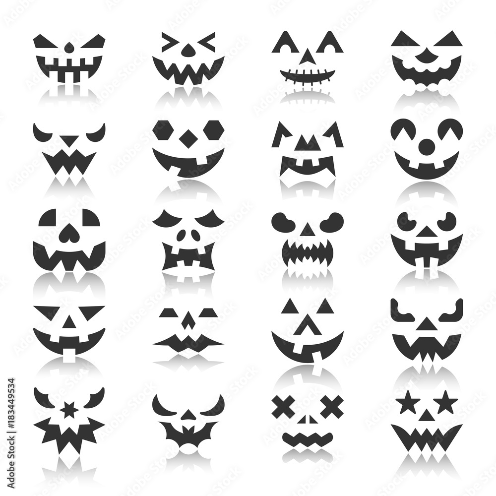 Halloween pumpkin face with reflection icon set Halloween pumpkin face with reflection icon set