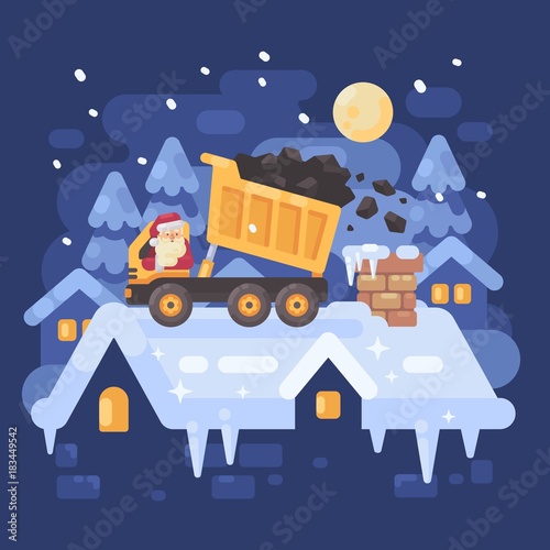 Santa Claus in a yellow tipper truck on a rooftop unloading coal into the chimney of a very naughty kid. Christmas character illustration