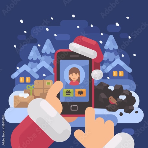 Santa Claus checking children profiles online deciding who is naughty and nice. Christmas flat illustration