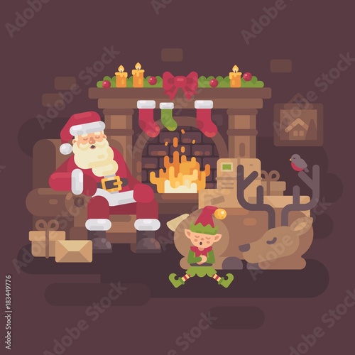 Tired Santa Claus with his reindeer and elf sleeping by the fireplace after a hard Christmas day