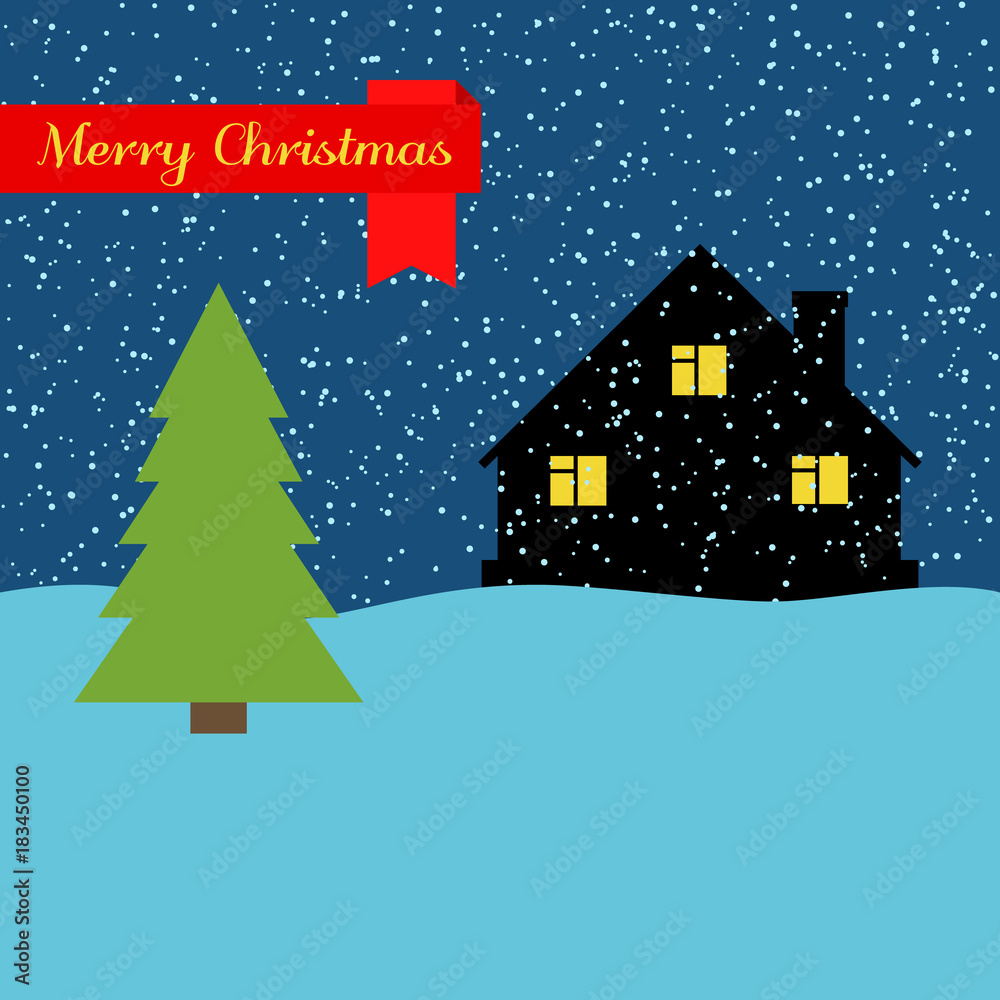 Winter night with lonely house and falling snow and a red ribbon with the inscription Happy Christmas. Vector illustration.
