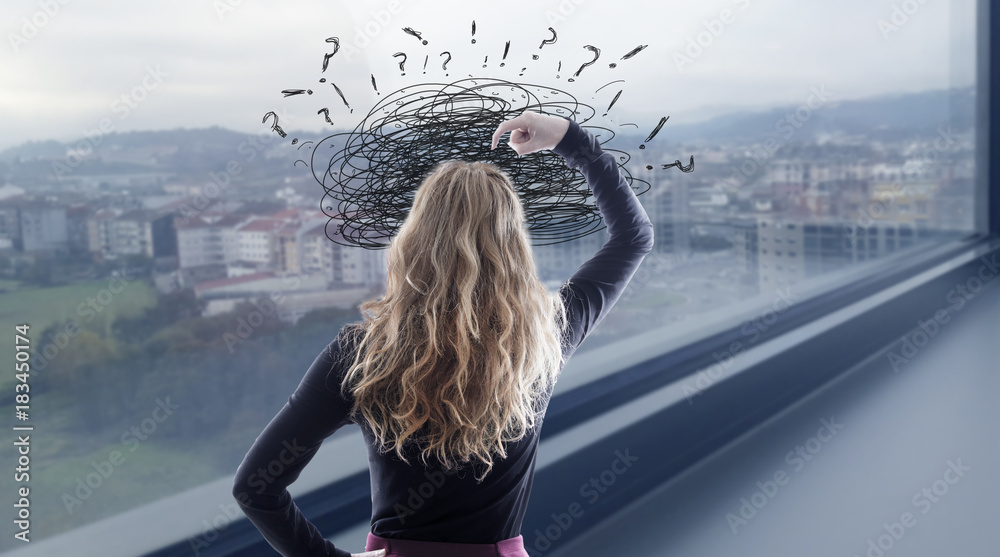 Αυτοκόλλητο concept of woman with confusion and problems, buy house
