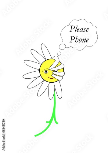 Coy daisy emoticon, with speech bubble, asking for a phone call.