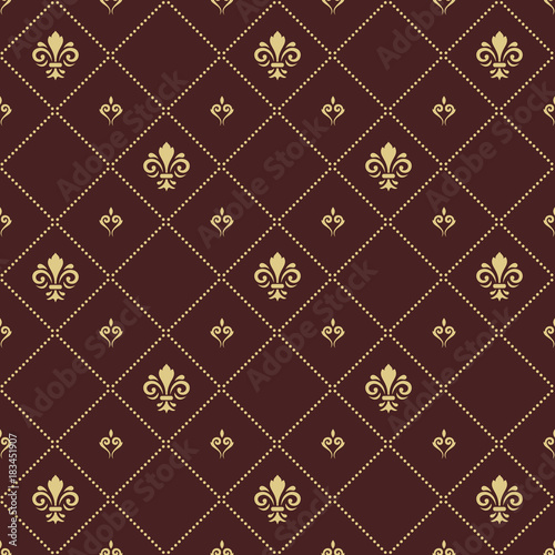 Seamless vector pattern. Modern geometric ornament with royal lilies. Classic vintage brown and golden background