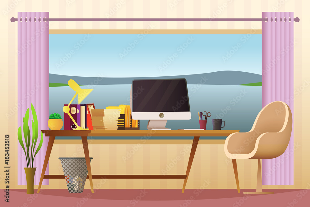 Obraz premium Modern home office workplace. Creative workspace with big window with beautiful view of the mountains. Vector illustration