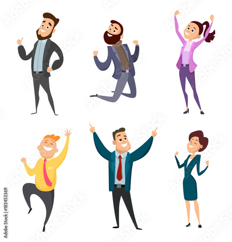Male and female happy businessmen in action poses