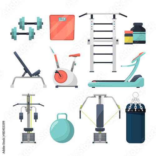Different fitness items for gym. Illustration of equipment for bodybuilding